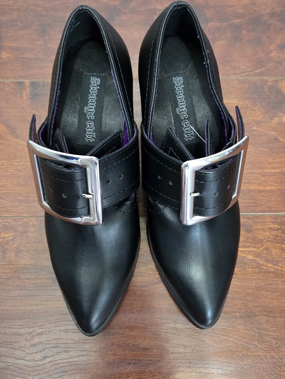 Strange Cvlt Black Vegan Leather Grimm Booties With Silver Buckle Witchy Size 5 - Picture 4 of 7